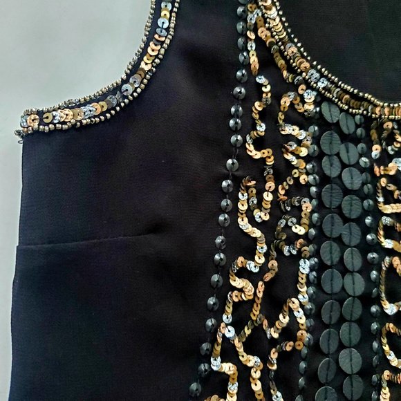Sequuned Dressy Black Tank Top Blouse Vents Silver Champagne Gold Dark Fairy - Picture 3 of 8